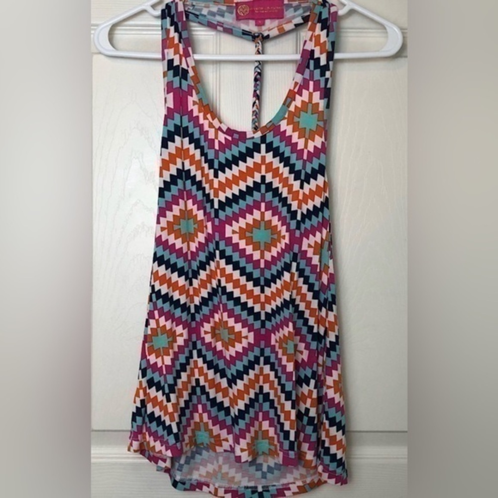MacBeth Collections Pink Blue Geometric Summer lHalter style Top size Medium